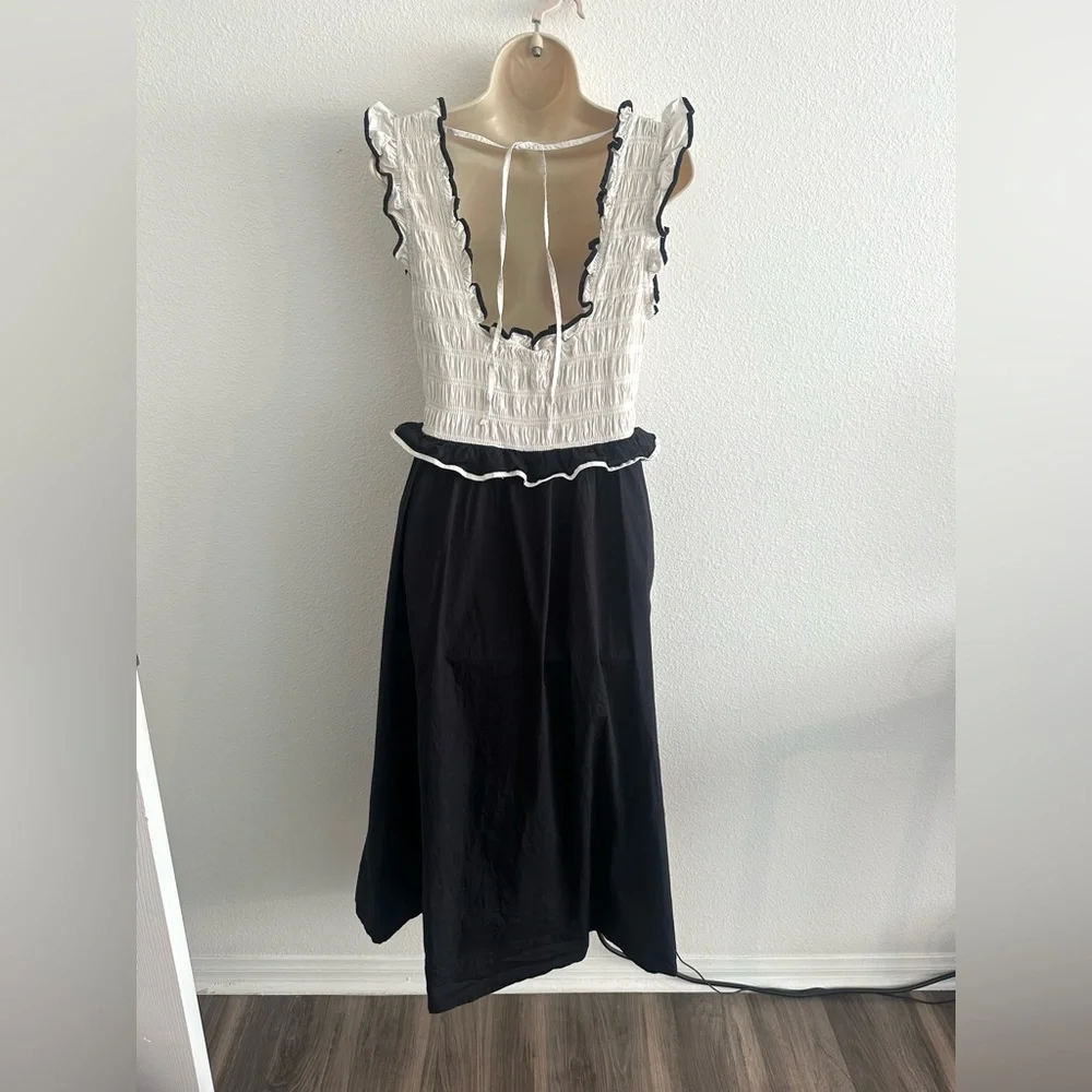 Free People Black and Cream Smocked Midi Dress